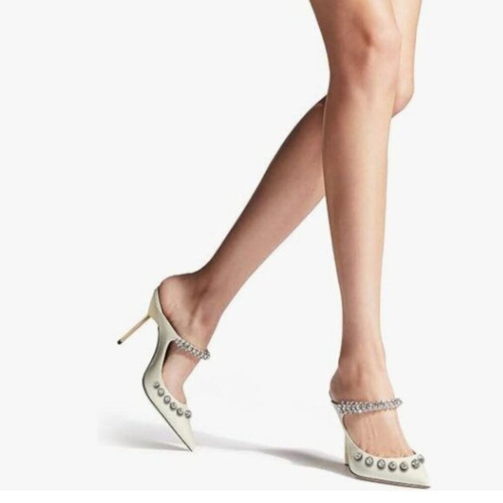 FOWT White Rhinestone Mules High Stiletto Heels Crystal Pointed Toe Sandals